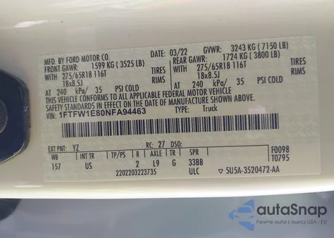 2022 Ford F-150 Xlt z USA, uszkodzony, nr VIN 1FTFW1E80NFA94463